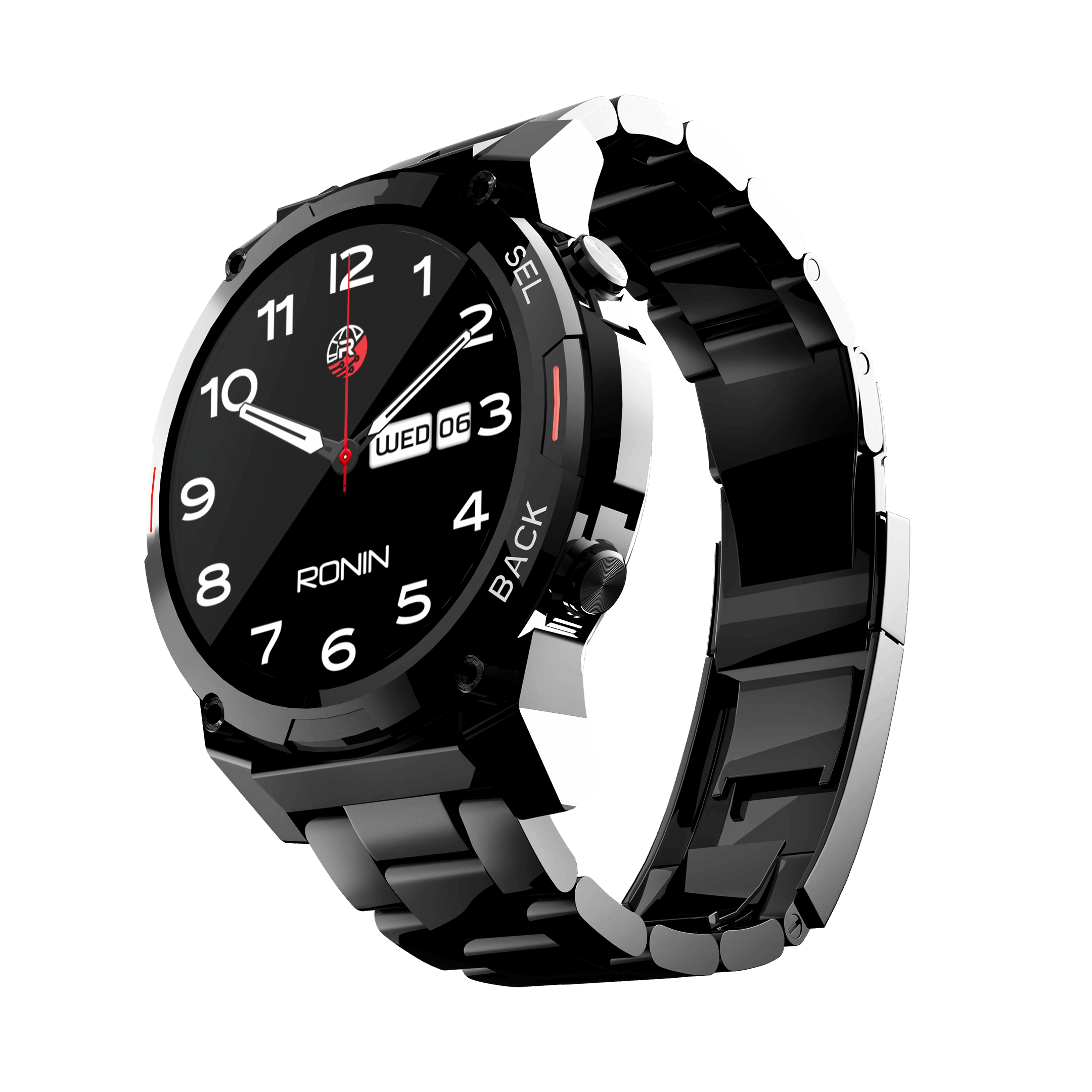 Black RONiN R-011 Luxe Smart Watch with chain strap, designed for a modern look and packed with health tracking features.