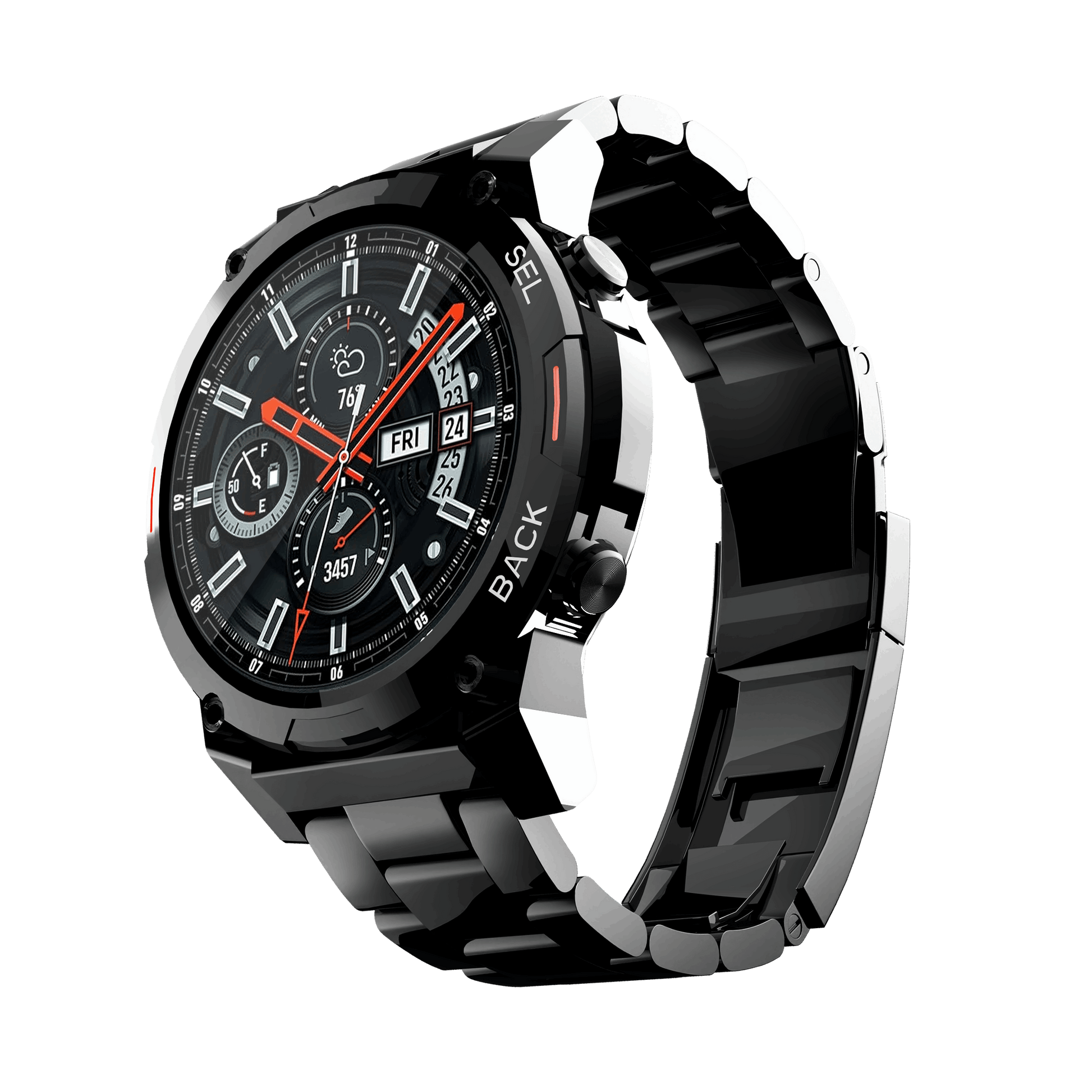 Black metallic RONiN R-011 Luxe Smart Watch, combining stylish design with advanced smart features like call notifications.