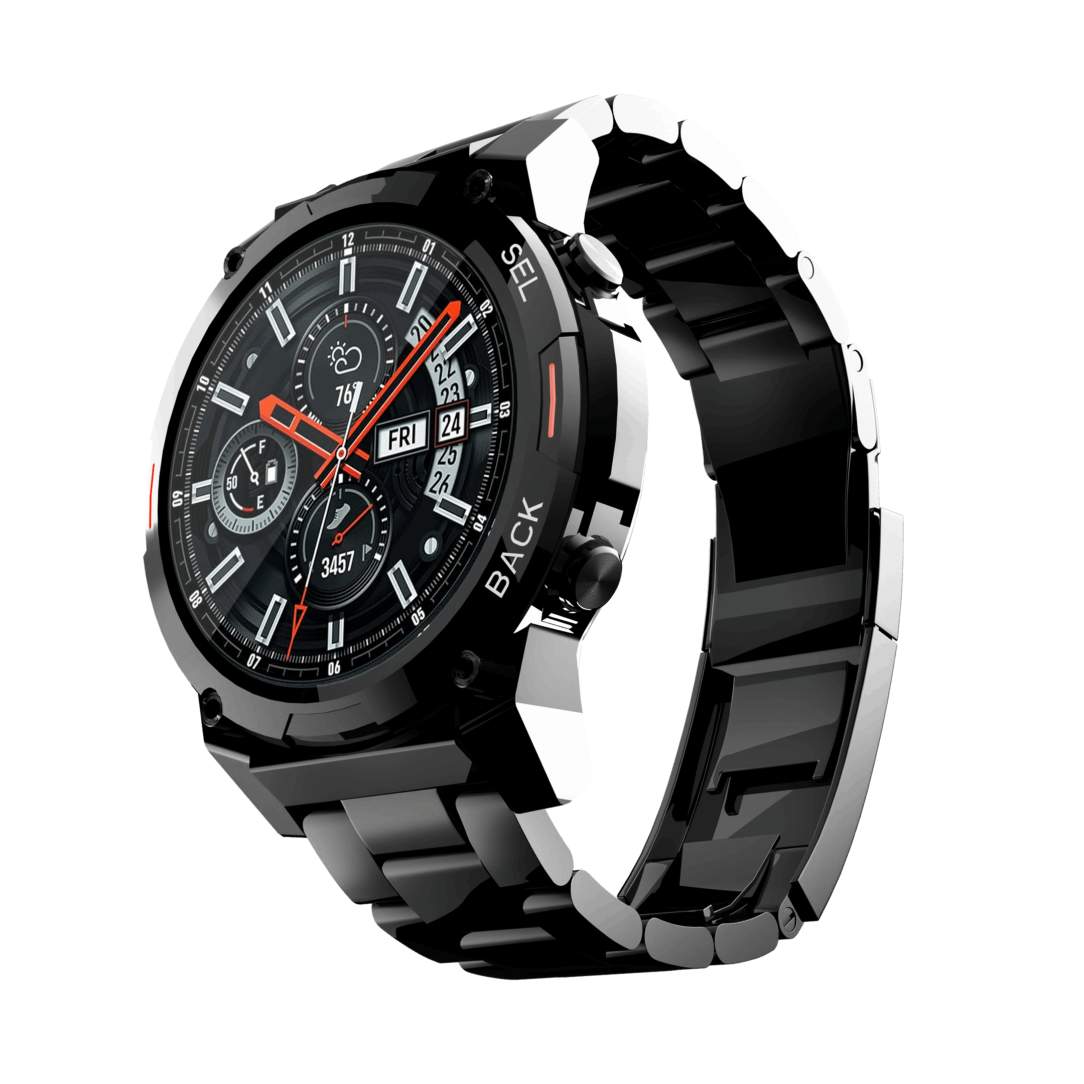 Black metallic RONiN R-011 Luxe Smart Watch, combining stylish design with advanced smart features like call notifications.