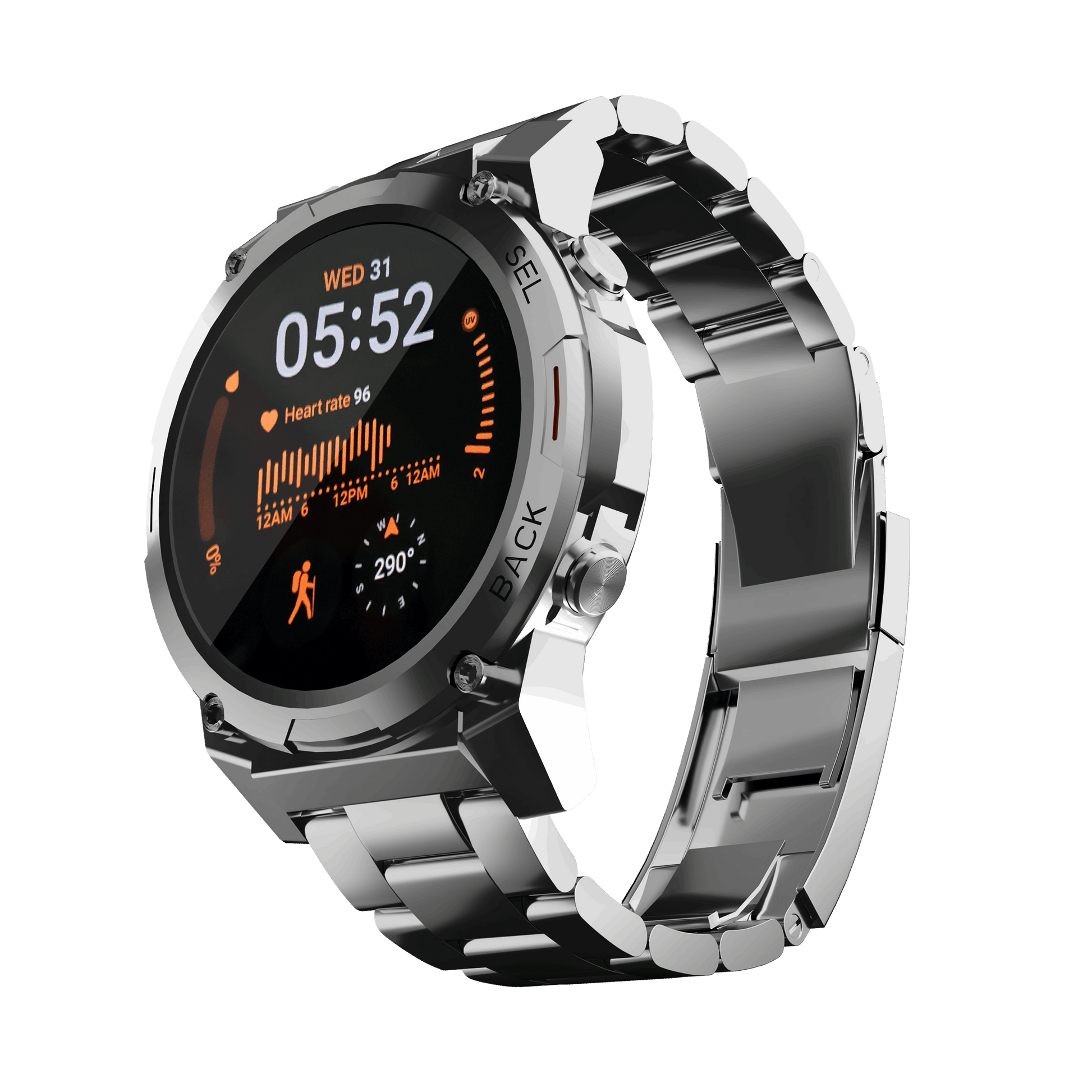 RONiN R-011 Luxe Smart Watch in silver with heart rate and step tracking, ideal for fitness enthusiasts.