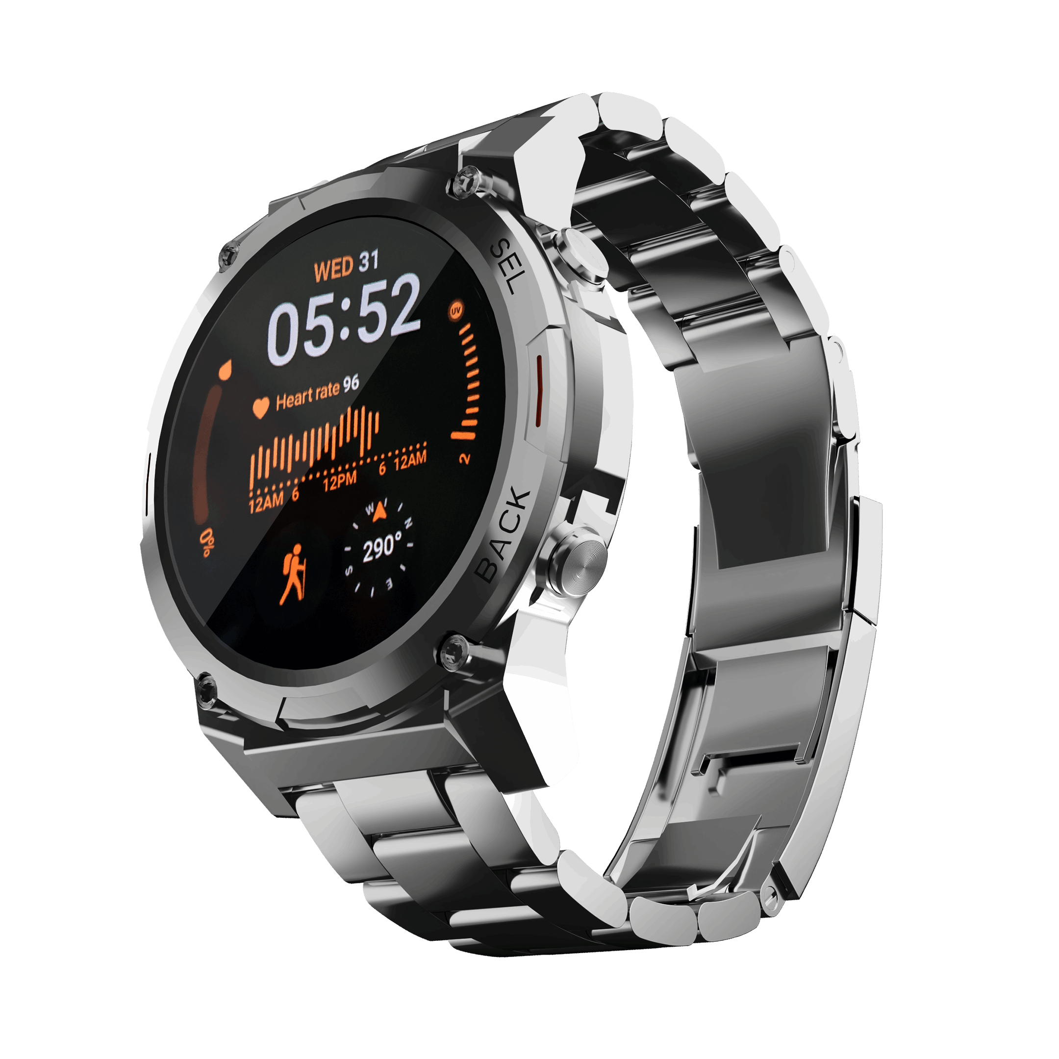 RONiN R-011 Luxe Smart Watch in silver with heart rate and step tracking, ideal for fitness enthusiasts.