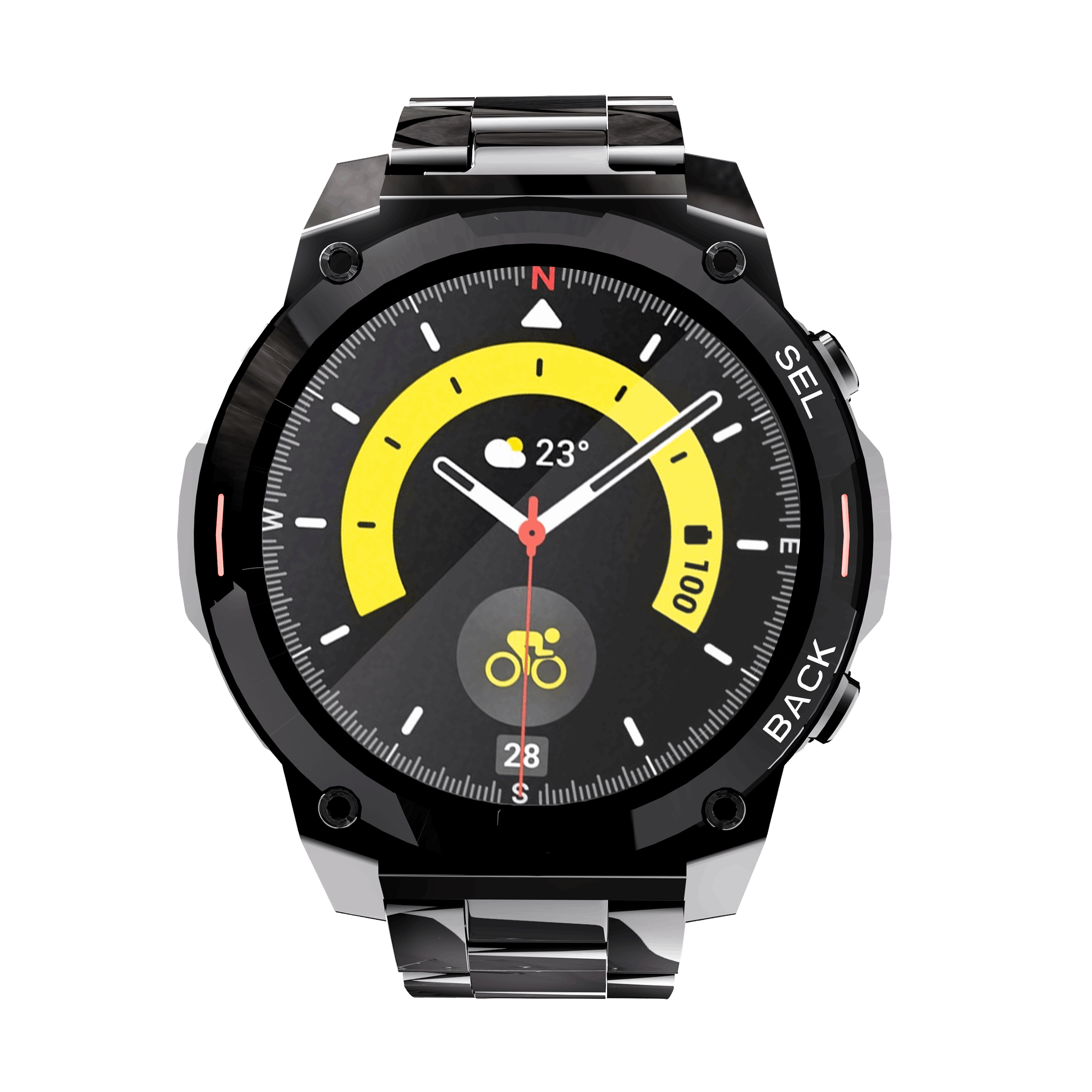 Black metallic RONiN R-011 Luxe Smart Watch, combining stylish design with advanced smart features like call notifications.