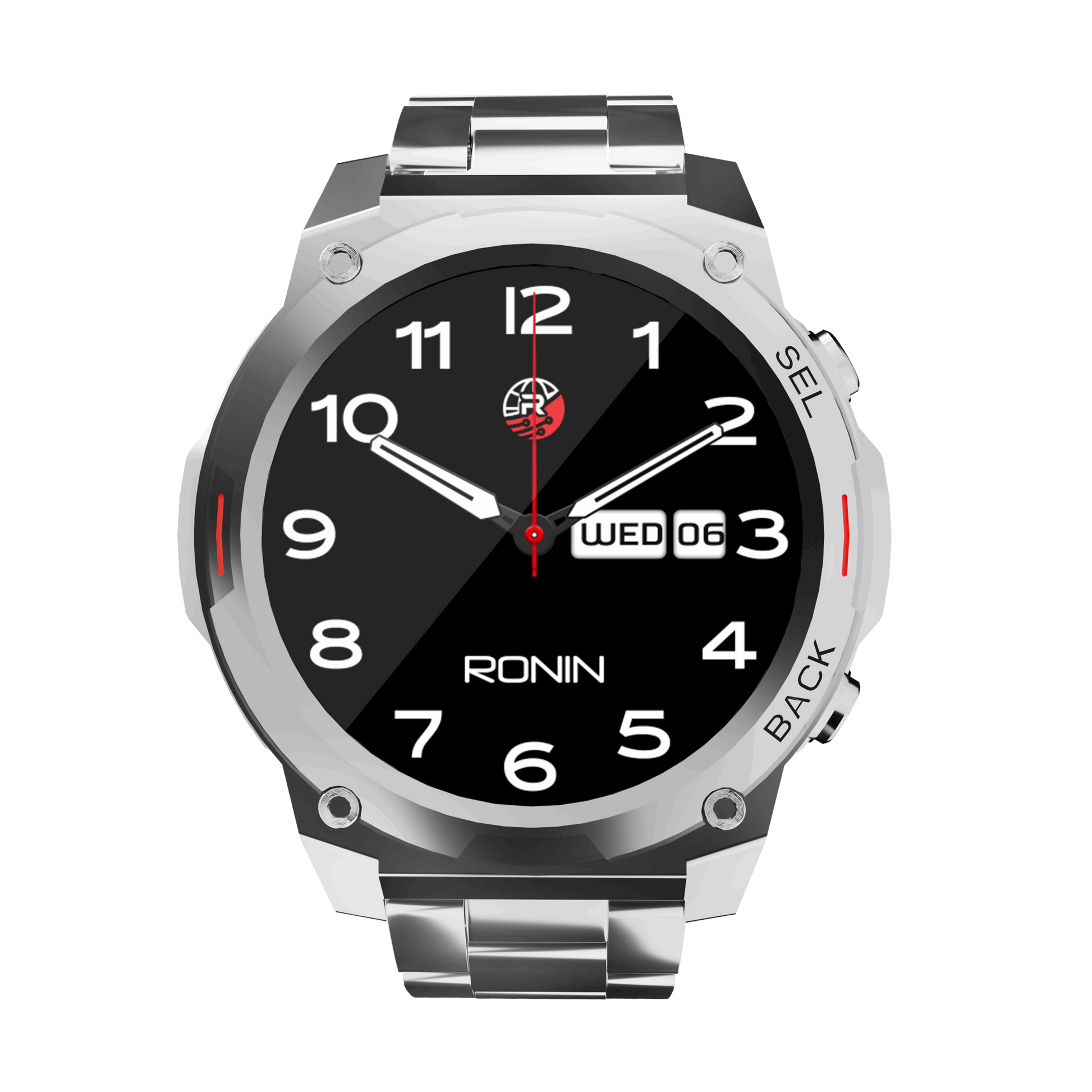 RONiN R-011 Luxe Smart Watch in sleek silver, featuring a metallic finish and premium design with AMOLED display.