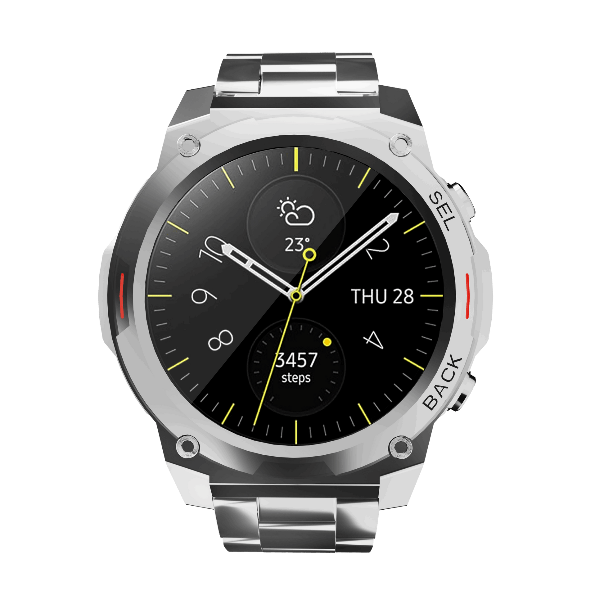 RONiN R-011 Luxe Smart Watch in silver with heart rate and step tracking, ideal for fitness enthusiasts.