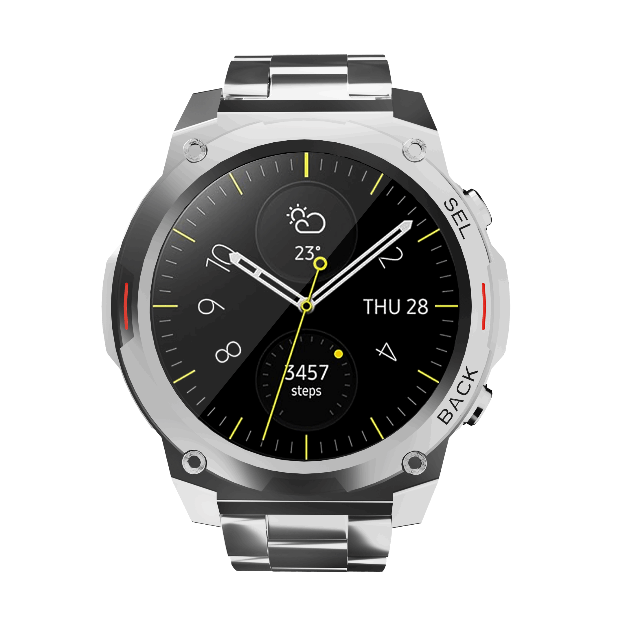 RONiN R-011 Luxe Smart Watch in silver with heart rate and step tracking, ideal for fitness enthusiasts.