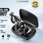 Black wireless earbuds in a charging case with Gionee branding on a light blue background