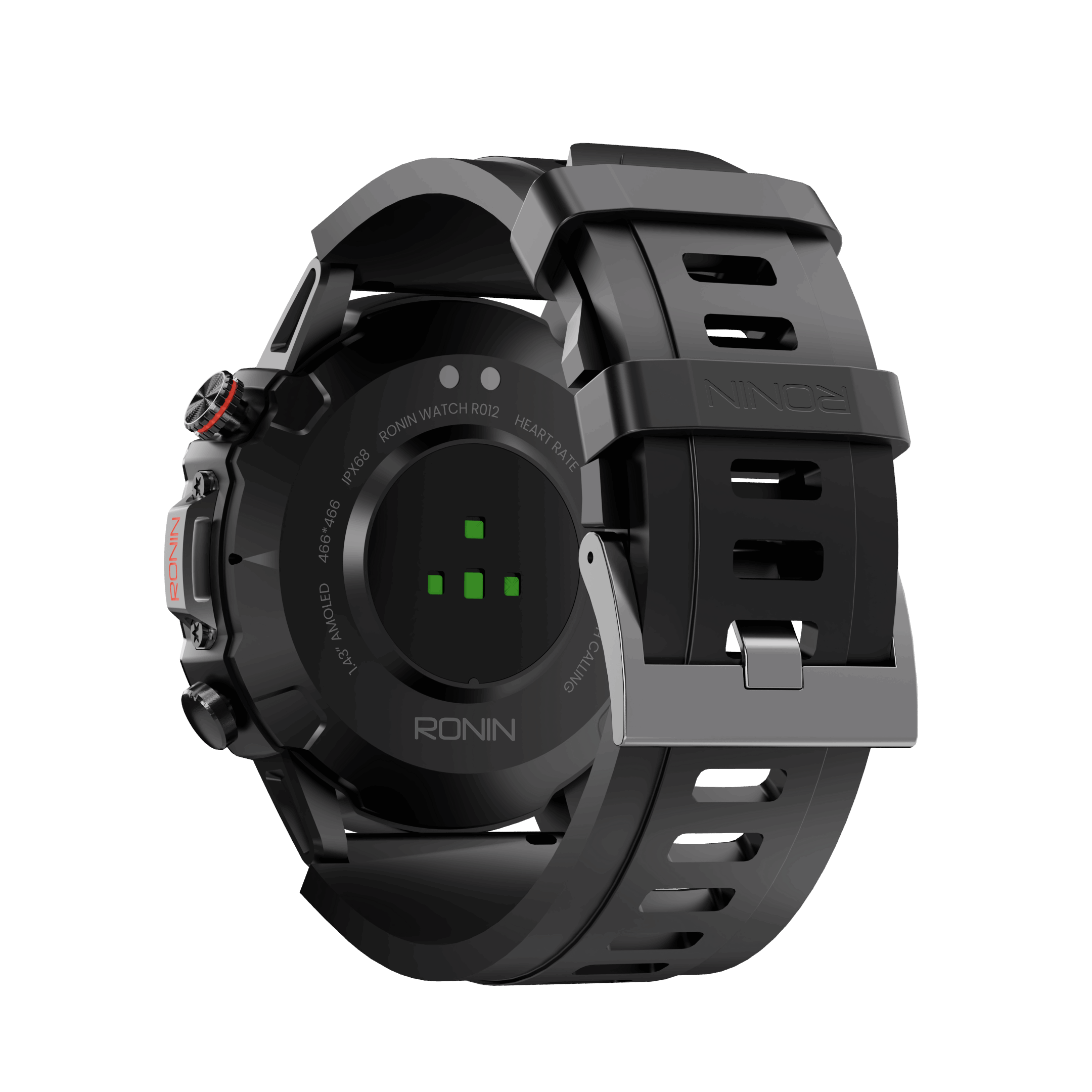 Black RONiN R-012 Rugged Smart Watch with a durable case and silicone strap, built for outdoor adventures.