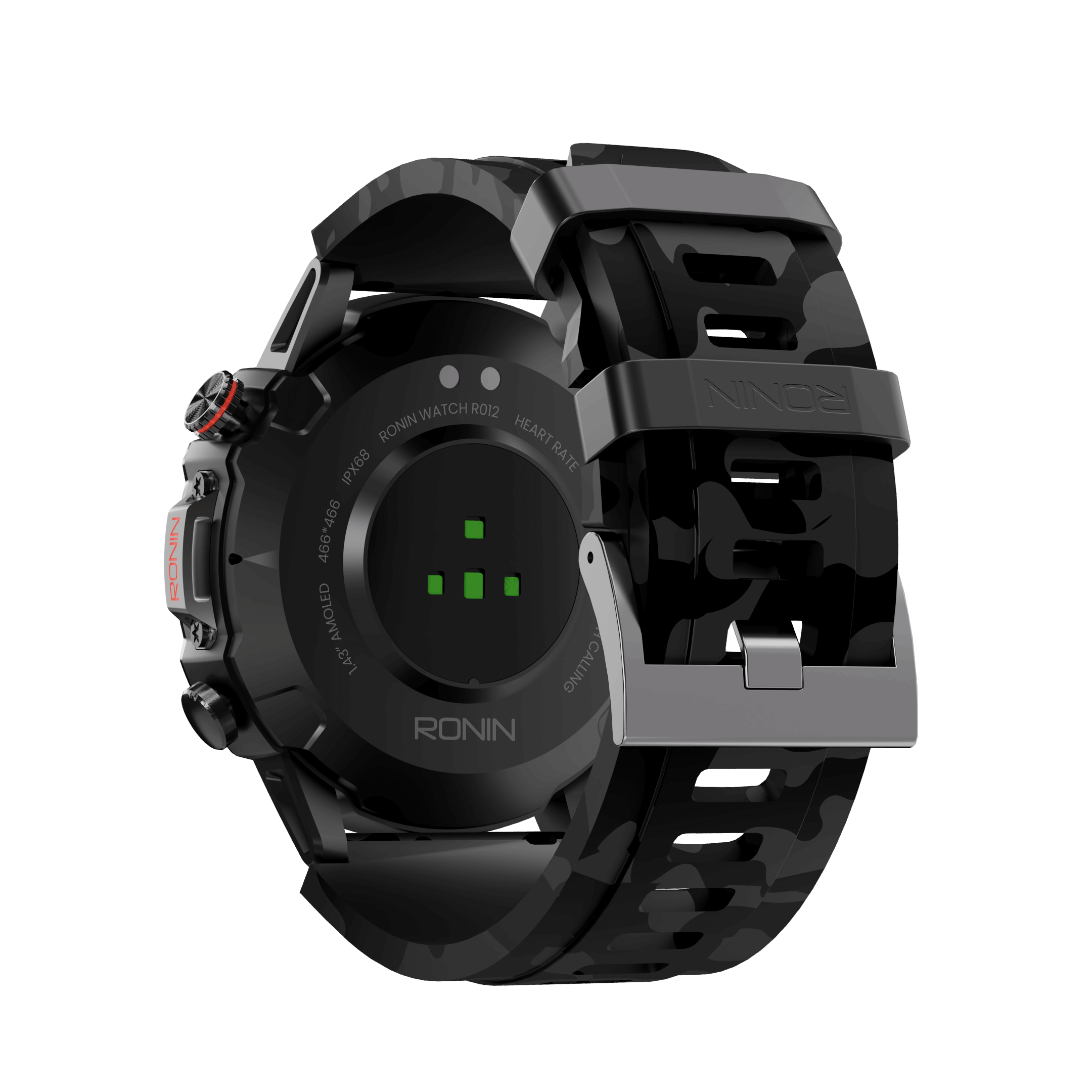 RONiN R-012 Rugged Smart Watch in black, showcasing a digital display with step tracking and heart rate monitor.