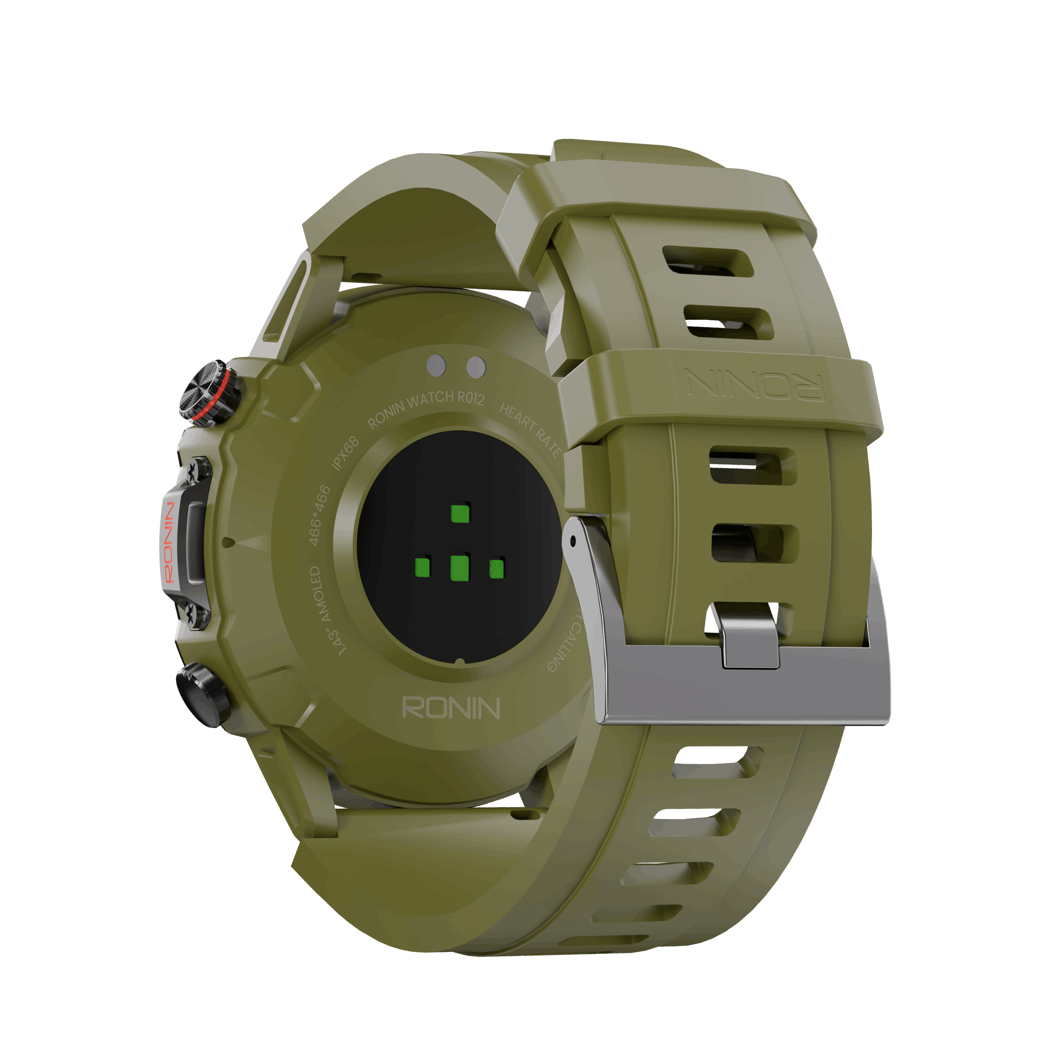 Green RONiN R-012 Rugged Smart Watch, equipped with IP68 water resistance and a sporty silicone strap.