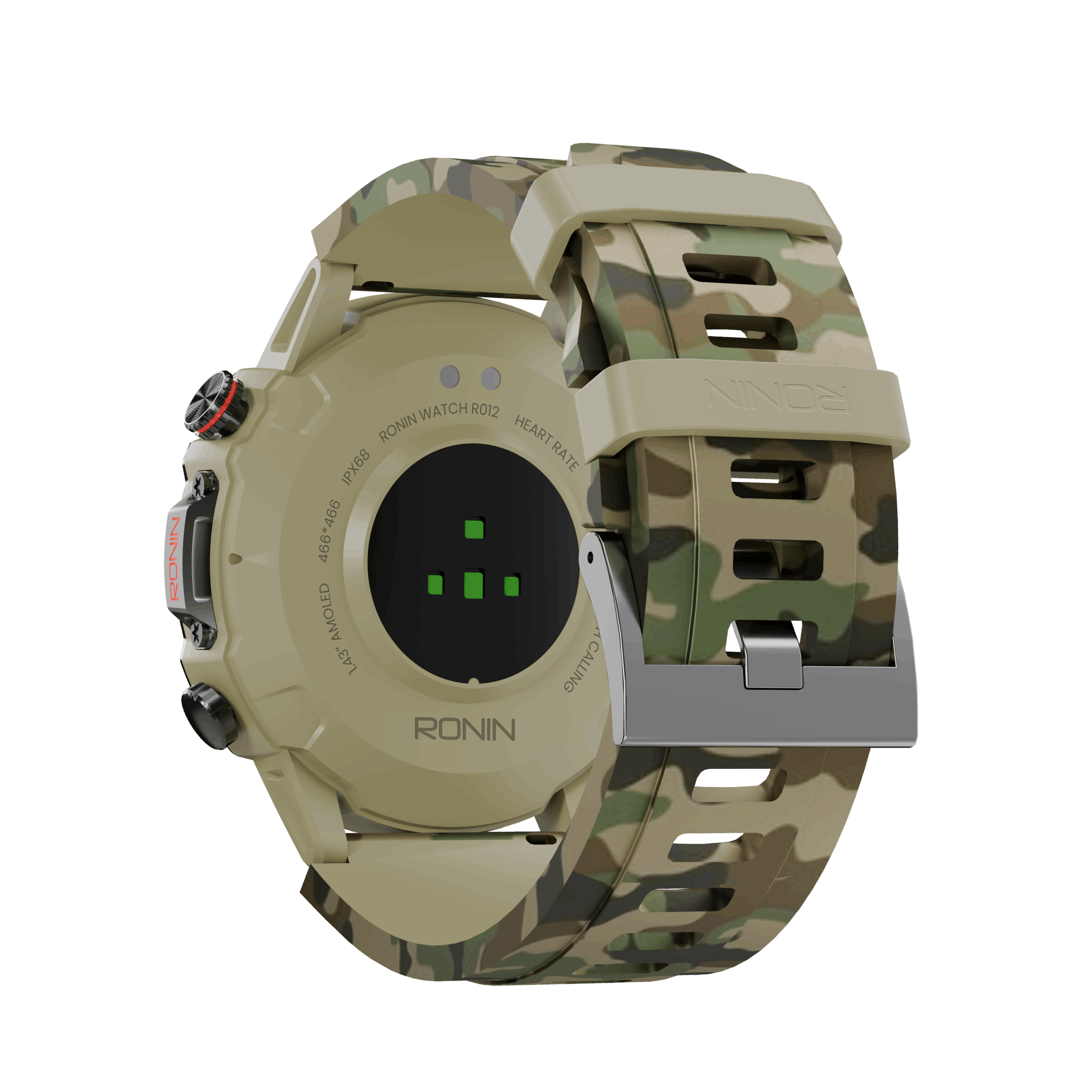 Green RONiN R-012 Rugged Smart Watch, equipped with IP68 water resistance and a sporty silicone strap.