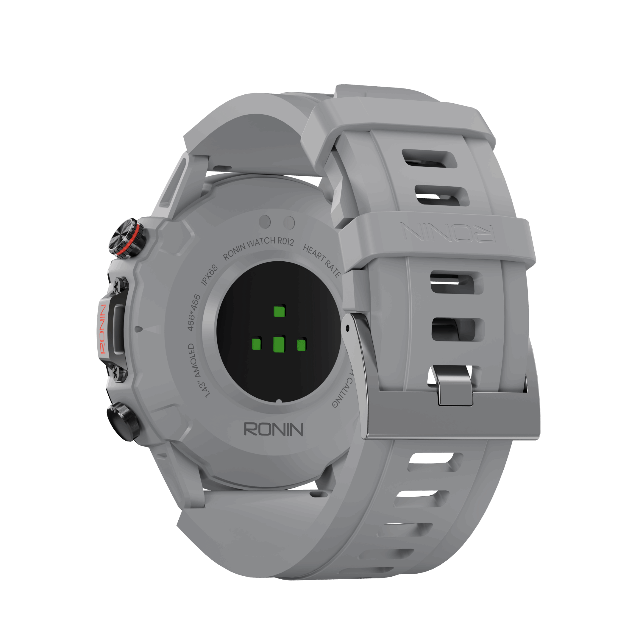 Silver RONiN R-012 Rugged Smart Watch, featuring a 1.43-inch AMOLED display and multiple health monitoring features.