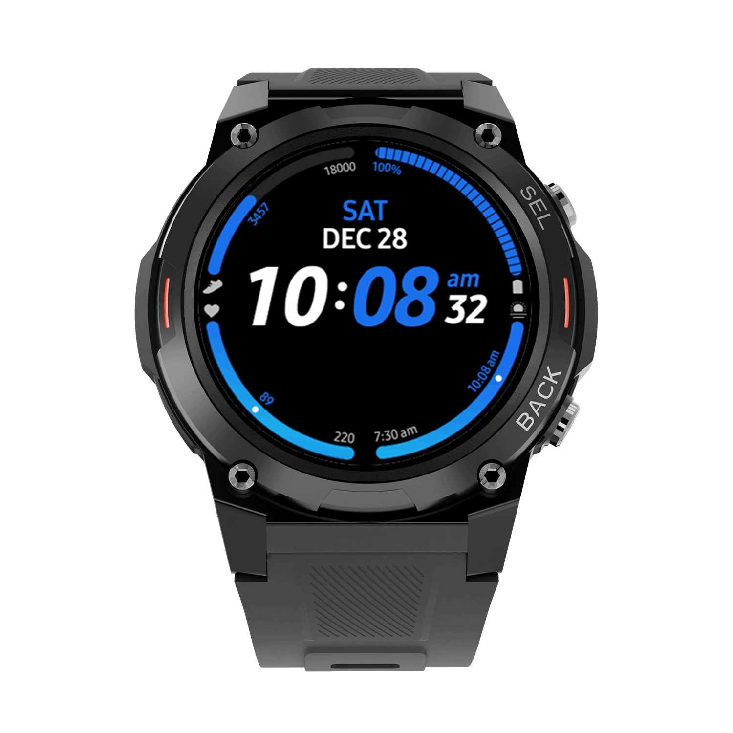 RONiN R-011 smartwatch with a black dial and black silicone strap, featuring a sleek metallic finish and advanced health tracking.