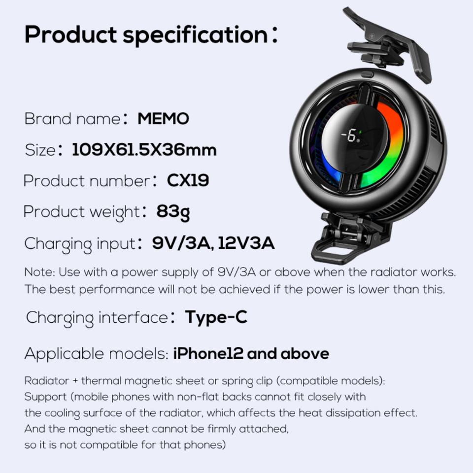Memo CX19 Phone Cooler for Gaming | Wireless Charging Cooling Fans