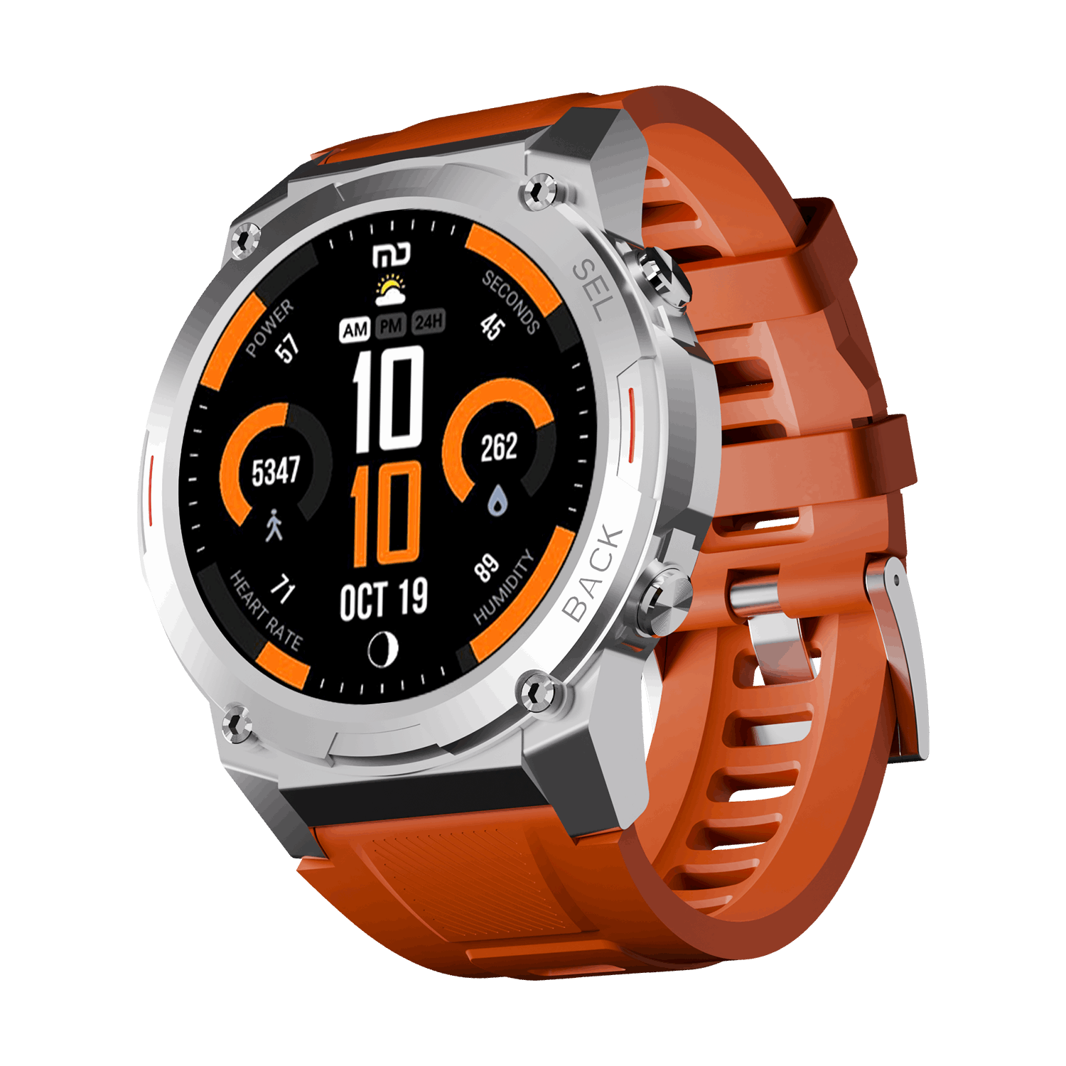 Silver RONiN R-011 smartwatch with orange strap, blending sporty design with versatile fitness and sleep tracking features.