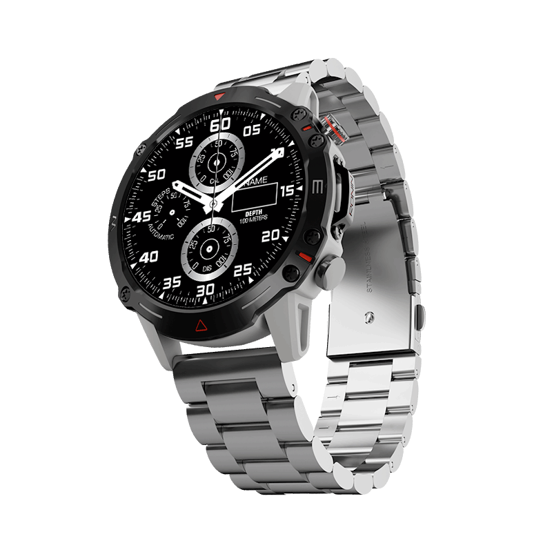 Silver RONiN R-012 LUXE Smart Watch, equipped with multiple health sensors and a durable IP68 water-resistant design.