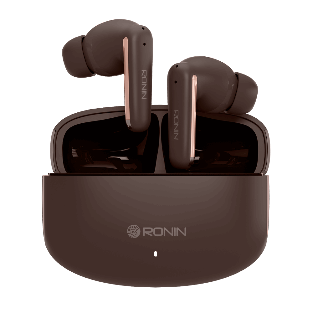 Brown RONiN R-140 Earbuds with environmental noise reduction, perfect for on-the-go audio.