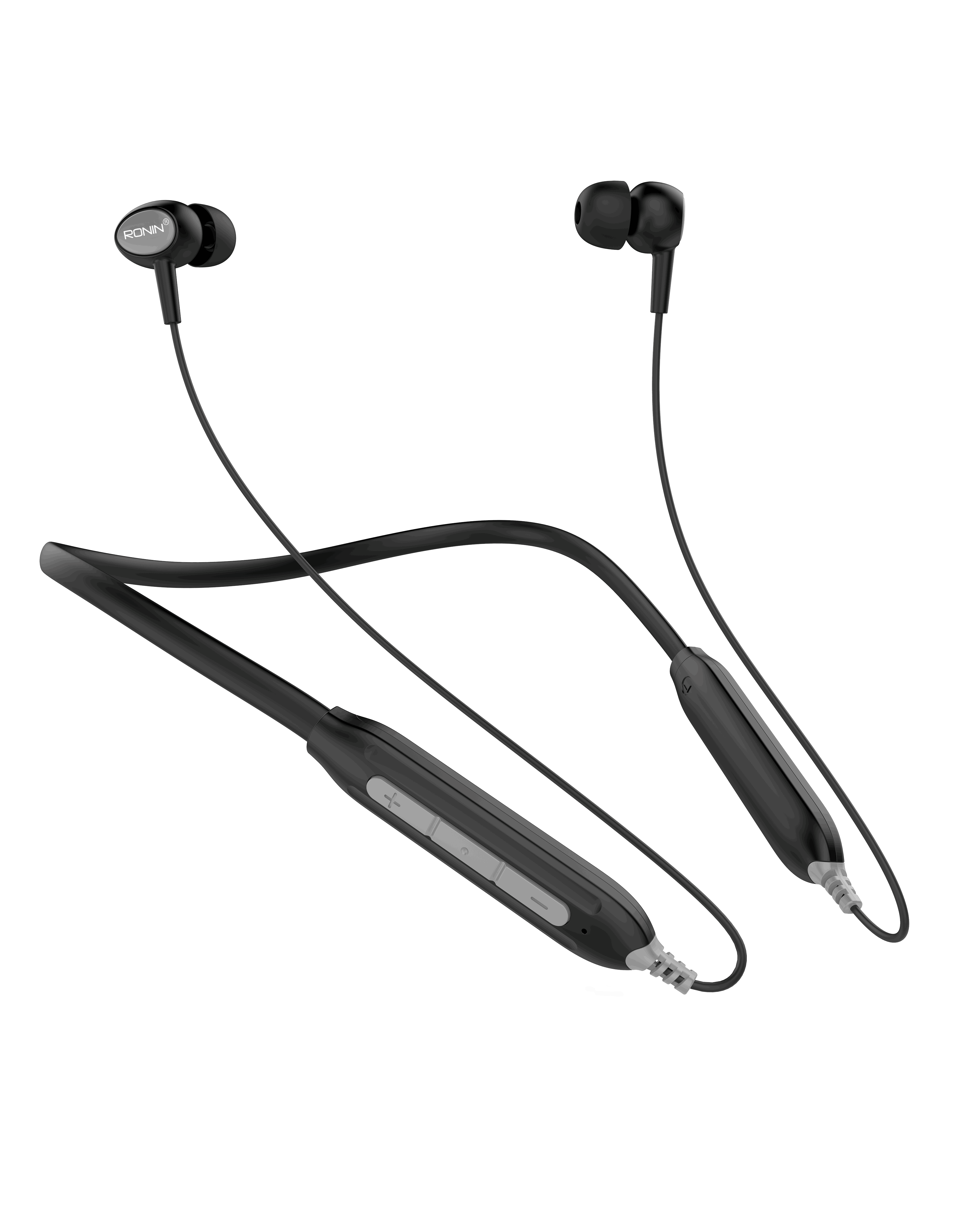 RONiN R-970 wireless neckband in grey, featuring a flexible collar and soft bass sound system for comfortable, high-quality listening.