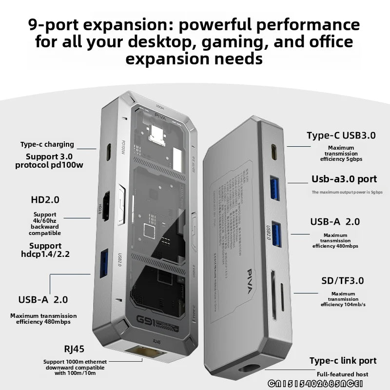 PIVA G91 9 in 1 Aluminum Alloy Office Docking Station Smart Screen Display Type-C to HDMI2.0 USB3.0 HUB PD100W Adapter