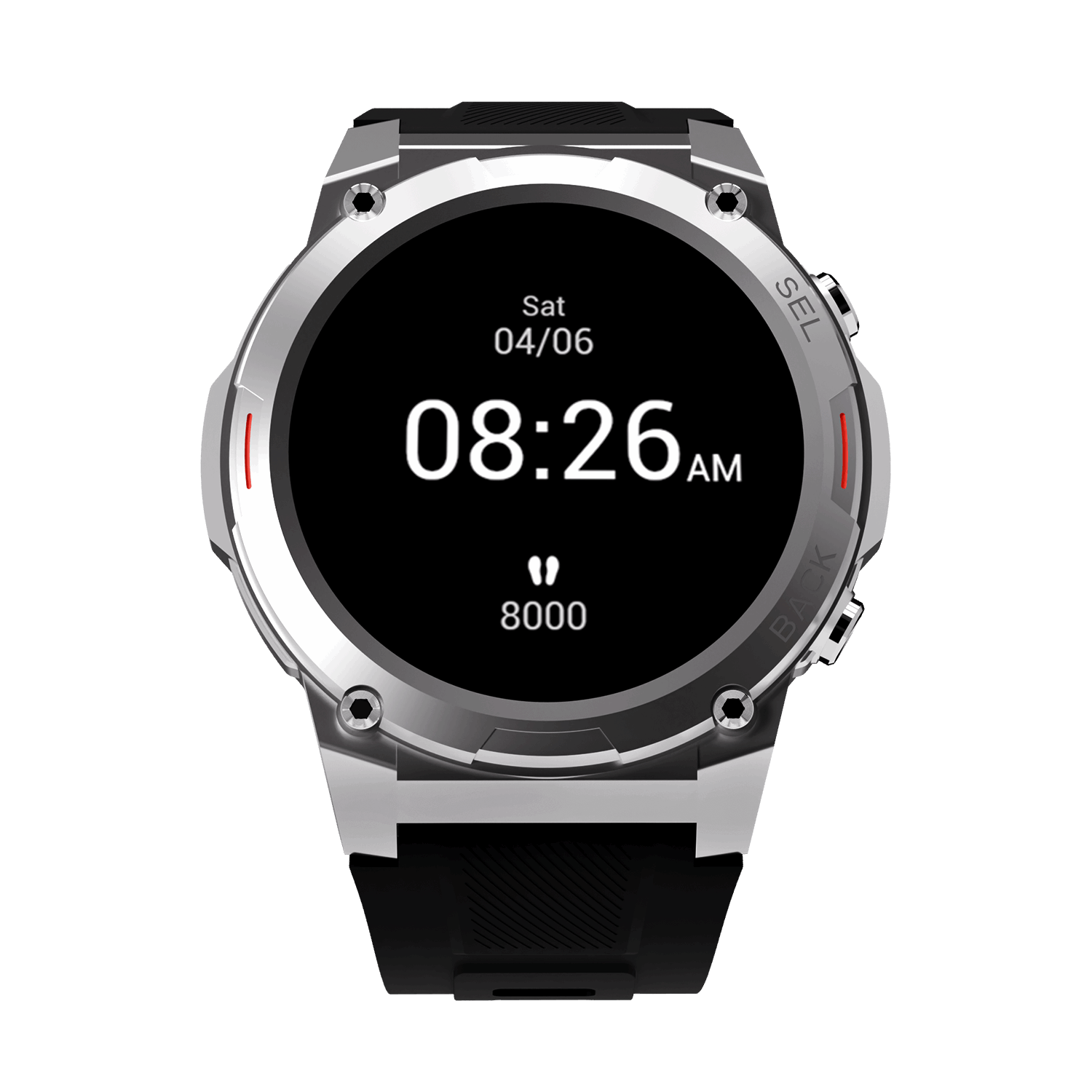 Silver RONiN R-011 smartwatch with black strap, blending sporty design with versatile fitness and sleep tracking features.