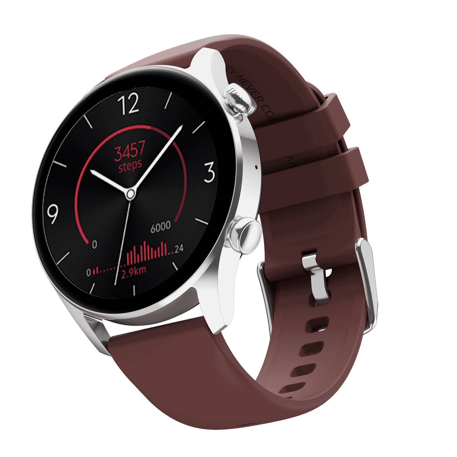 RONiN R-08 Smart Watch with a silver dial paired with a deep maroon strap, providing a stylish accessory equipped with advanced functionalities.